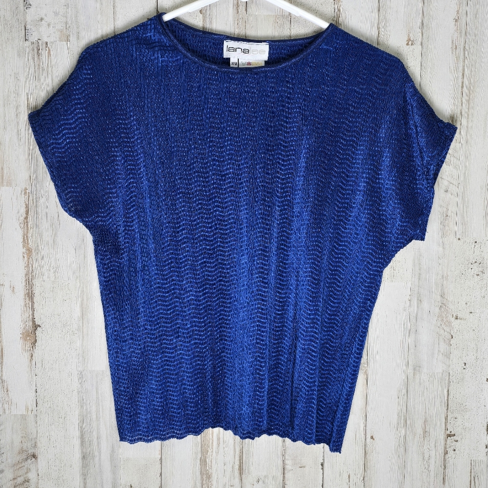 Lana Lee Vintage Bright Blue Crinkle Short Sleeve Y2K Scalloped Shirt Medium